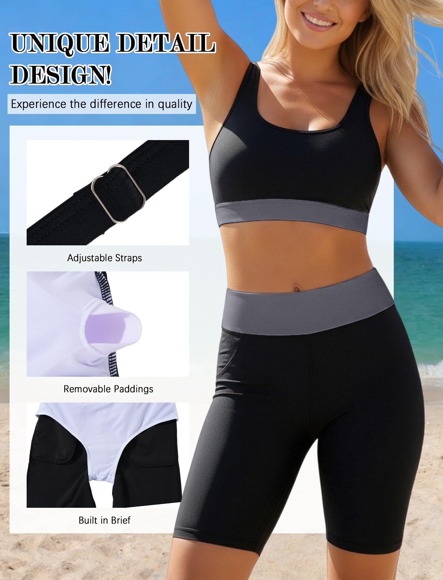 Femmes Ensembles Rashguard 3 Pièces Maillot de Bain Manches Longues Anti-UV Maillot de Surf Plage Piscine S-2xl