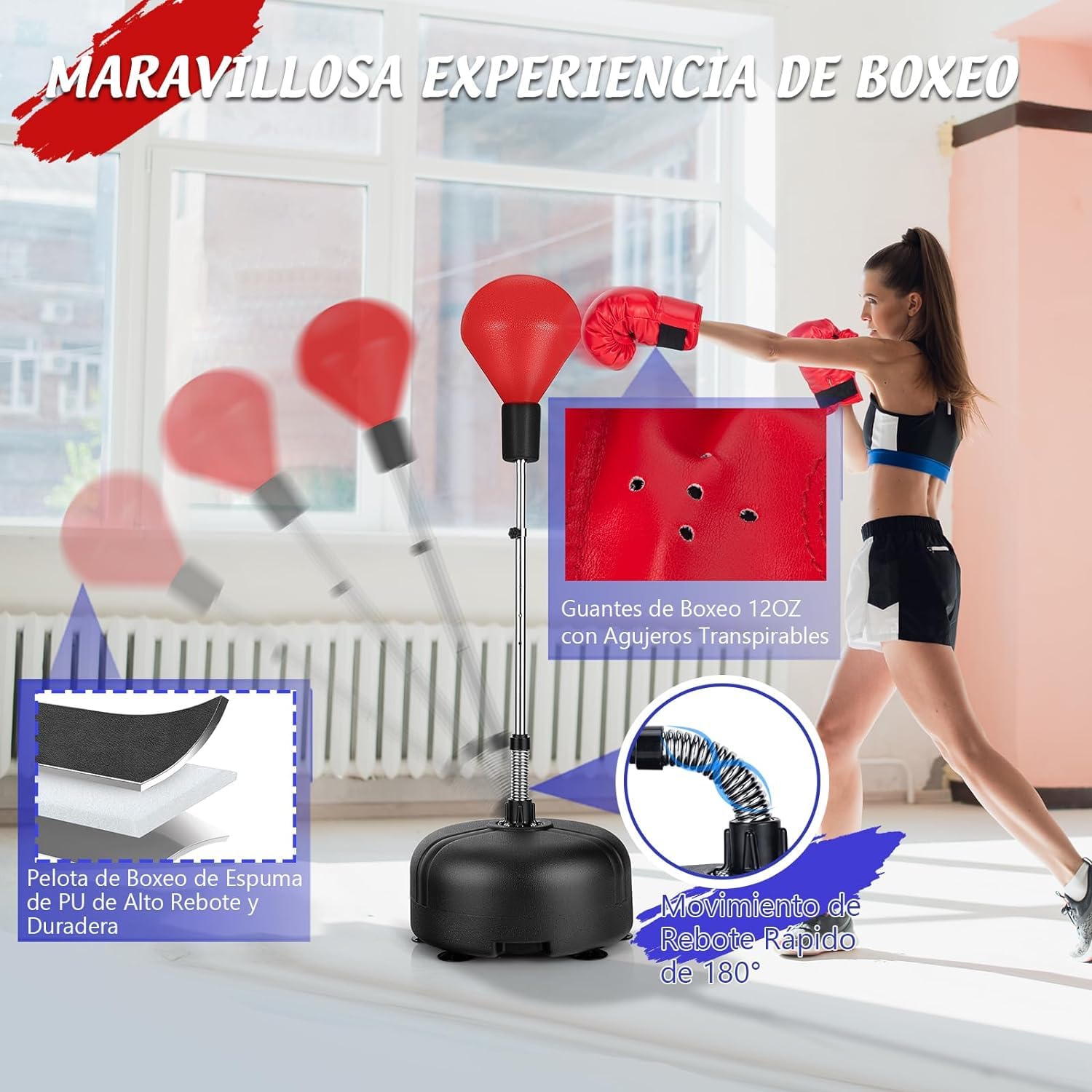 GOPLUS Juego de Saco de Boxeo, Set de Boxeo de Pie con Guantes, 140-158 cm Altura Ajustable y Base Rellenable, para Entrenamiento de Artes Marciales, Hogar Gimnasio, para Niños y Adultos