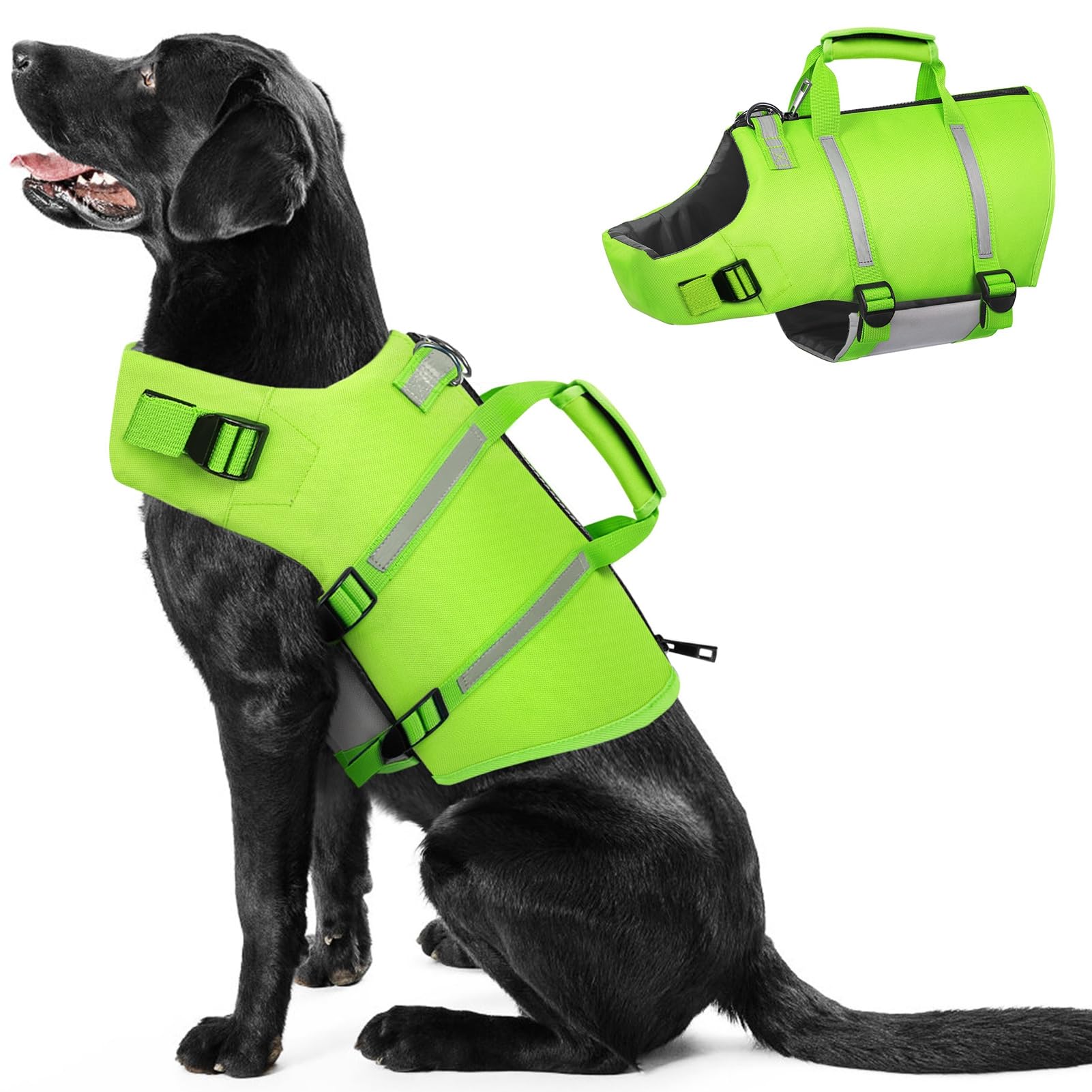 PUZAUKAL Giubbotto Salvagente Cane Ripstop Salvagente per Cani con Manico e Strisce Riflettenti Giubbotto di Salvataggio per Cani regolabile con Buona Galleggiabilità per Nuoto,Spiaggia,Verde-L