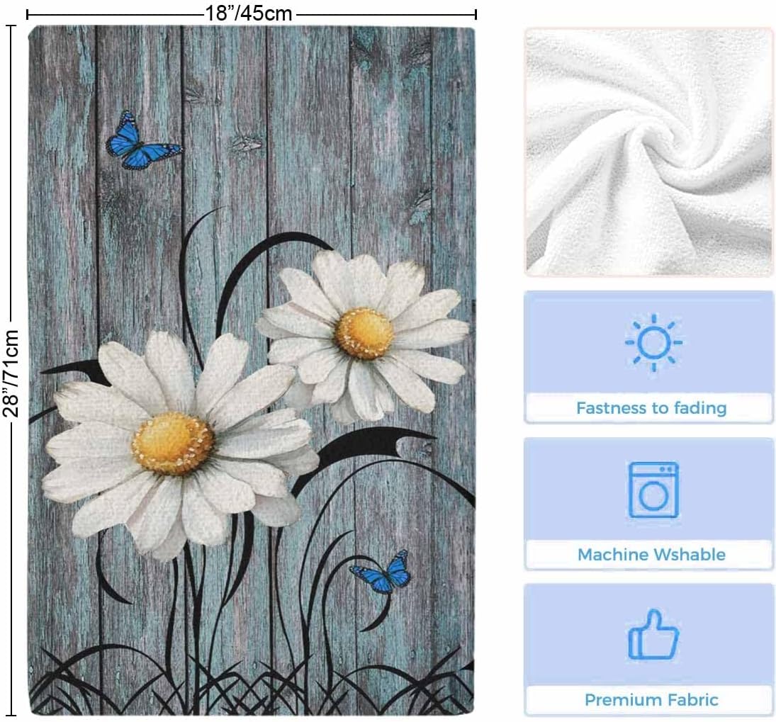Yellow Daisy Butterfly Floral Flowers Kitchen Dish Towels Set of 3, Soft Lightweight Microfiber Absorbent Hand Towel Rustic Wood Plank Tea Towel for Kitchen Bathroom 18x28in