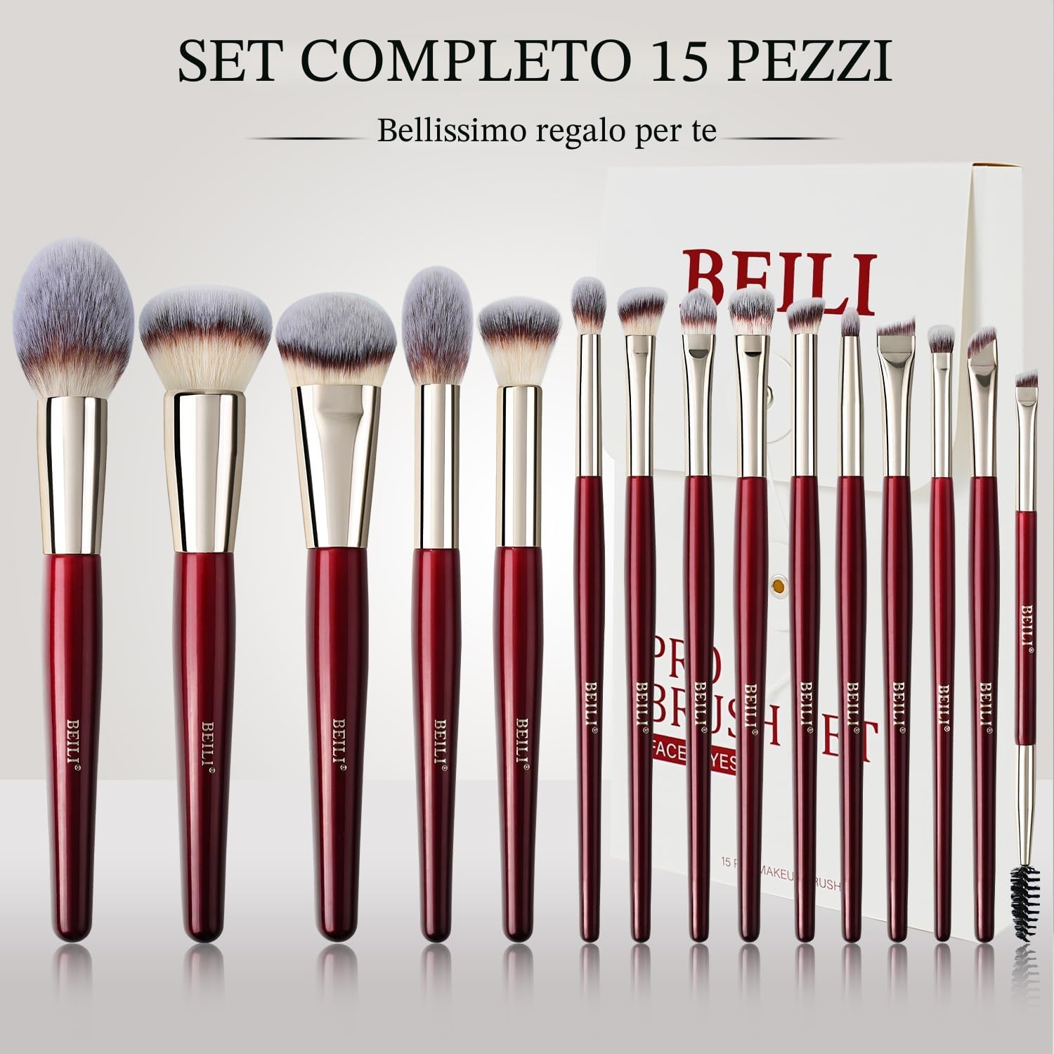 BEILI 15PCS Pennelli da Trucco, Vegano Set Pennelli Make Up Professionali Fondotinta in polvere Evidenziatore Correttore Ombretto Matita per sopracciglia Spoolie Capelli sintetici