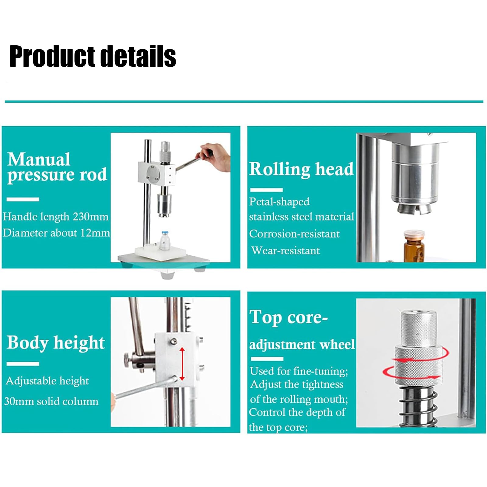Máquina de sellado manual de viales para prensadora de tapas de aluminio y plástico de 13/20 mm, con altura y tensión ajustables para uso en laboratorio