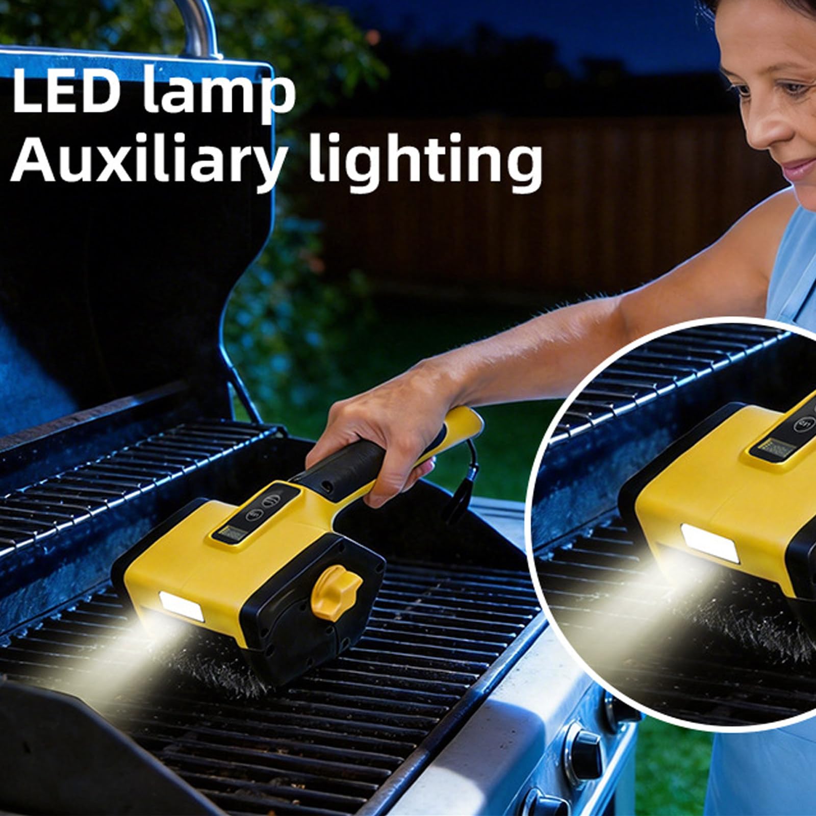 Cepillo Eléctrico para Parrilla, Cabezal de Acero Inoxidable, 500-800 RPM, Luces Led Y Protector contra Salpicaduras, Inalámbrico Recargable para Parrillas de Exterior Brown