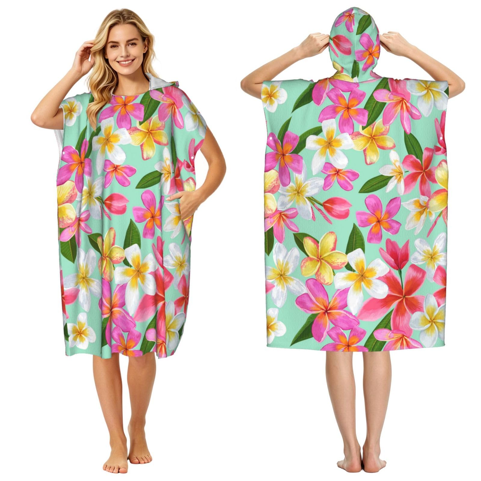 Poadnly Watercolor Tropical Flowers Floral Plumeria, Adult Hooded Beach Towel 90 x 110 cm,Changing Bath Robe, Surf Poncho Towel For Women Men