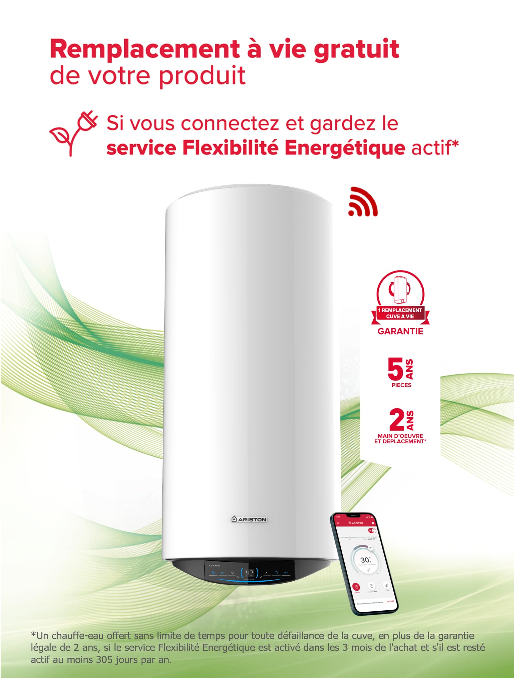 Ariston ABYLEOS XPERT WIFI Chauffe-eau Électrique Steatite Connecté 200L - Vertical Mural Ø530mm - Flexibilité Energétique - Remplacement à Vie - Technologie ACI - NF Performance 3 étoiles