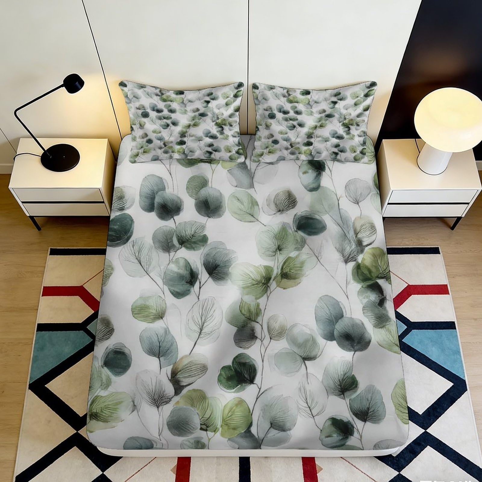 3D Printed Eucalyptus Leaf Fitted Sheet Microfiber Soft Breathable Abstract Green Mattress Cover for Bedroom Dorm Decor 90x200x25cm