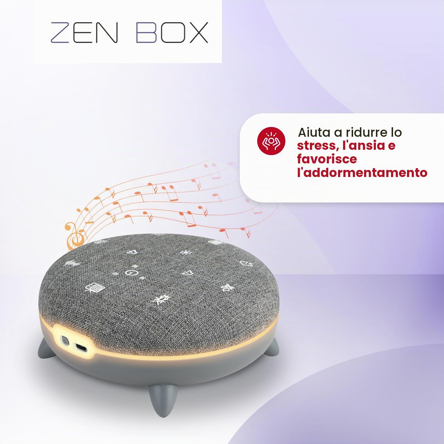 TERRAILLON - ZEN BOX, Assistenza per addormentarsi, Macchina a rumore bianco con 7 suoni rilassanti, streaming musica tramite Bluetooth, 7 atmosfere luminose, programmi 30-60-90 min, USB-C