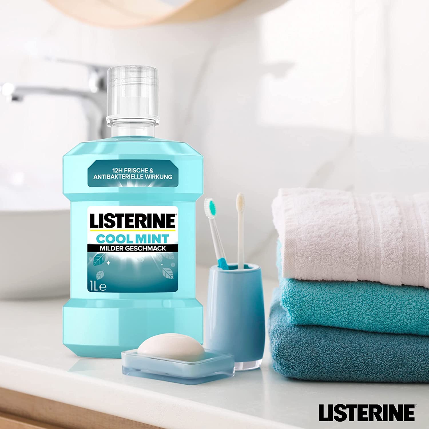 LISTERINE Cool Mint milder Geschmack (1000 ml), antibakterielle Mundspülung ohne Alkohol mit ätherischen Ölen, für ein langanhaltendes Frischegefühl (6 x 1000ml)