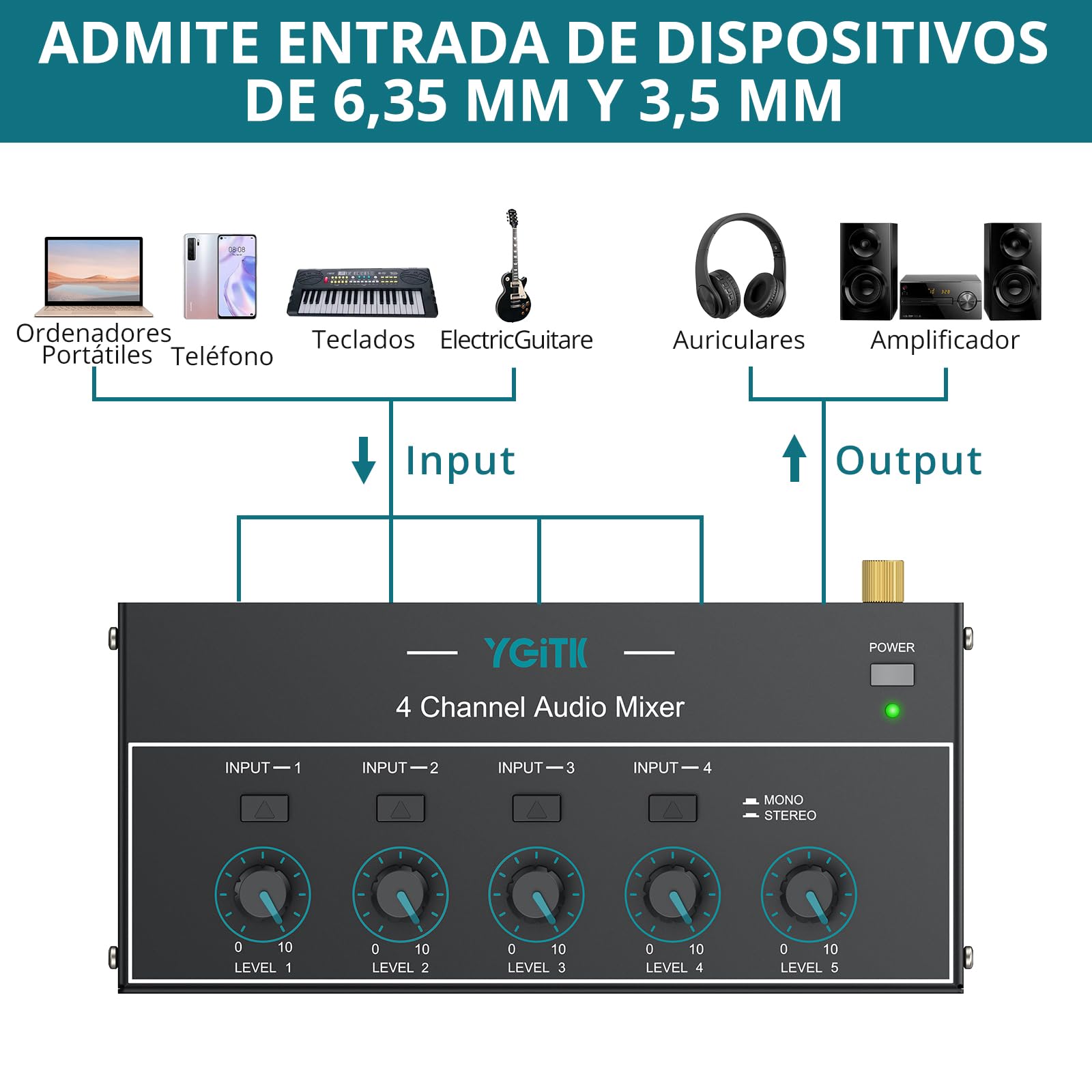 Mini Mezclador de Audio, Mezclador de Línea Estéreo de 4 Canales de 6.35mm+3.5mm TSR Salida de Audio Jack de Entrada para Guitarras, Bajo, Teclados, Micrófono Dinámico