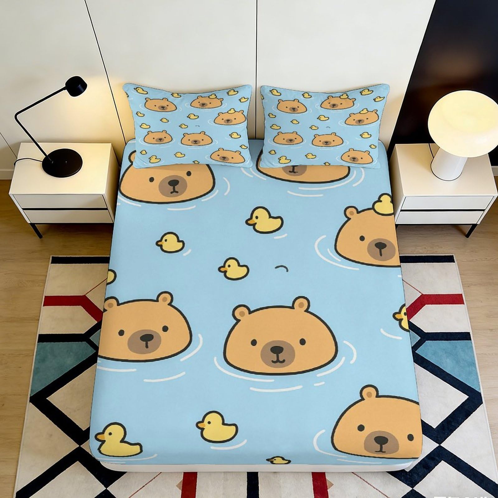 Pnayamiorkfel Style-10 3D Printed Bear And Duck Fitted Sheet Microfiber Soft Blue Cartoon Mattress Cover For Bedroom Dorm Room Decor Protection 90X200x25cm