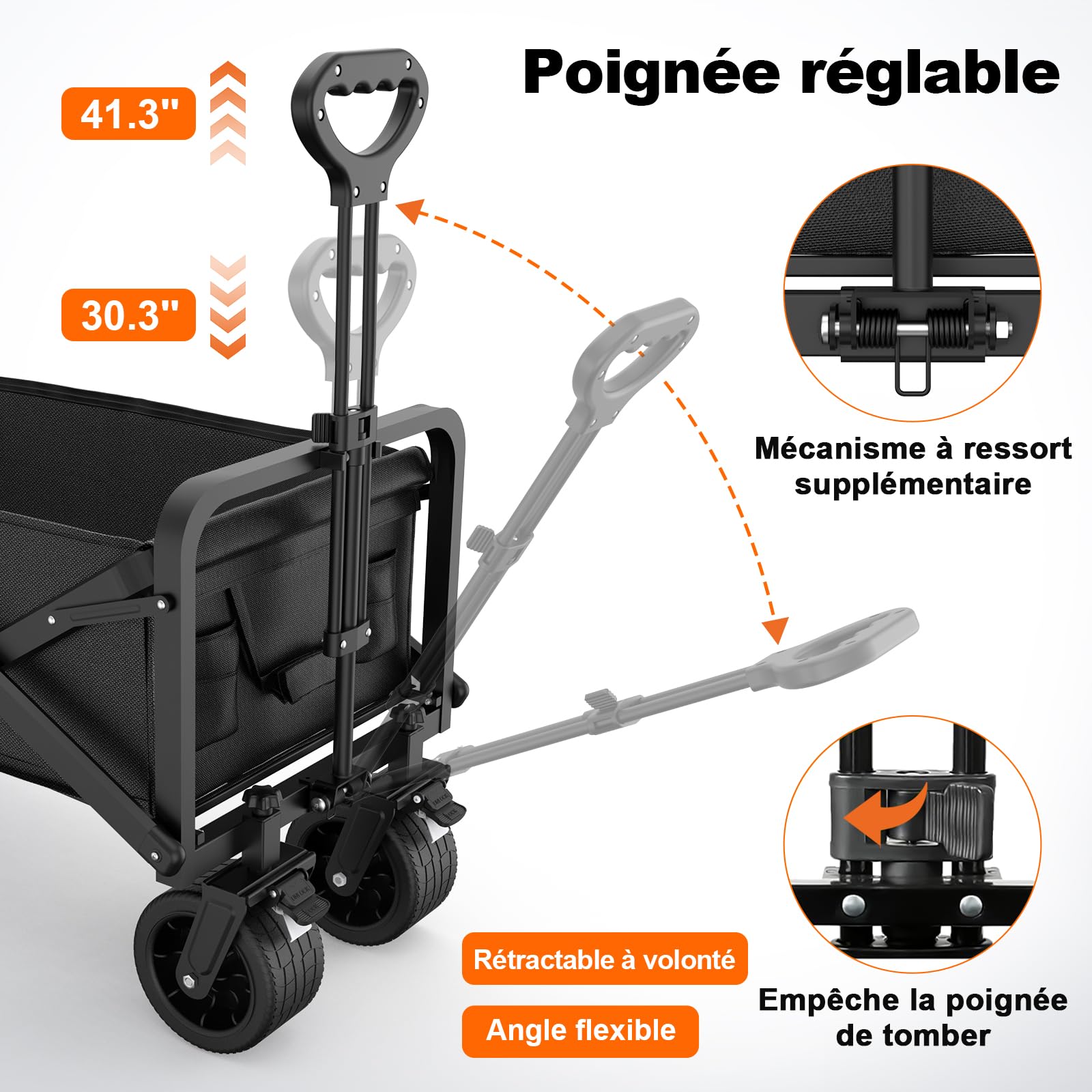 Chariot de Plage Pliable avec Freins 200kg, Chariot de Transport avec Roues Extra-Larges, Tout Terrain Chariot de Jardin avec Poignée Réglable & Sac de Couverture pour Plage Camping Jardin Pique-Nique