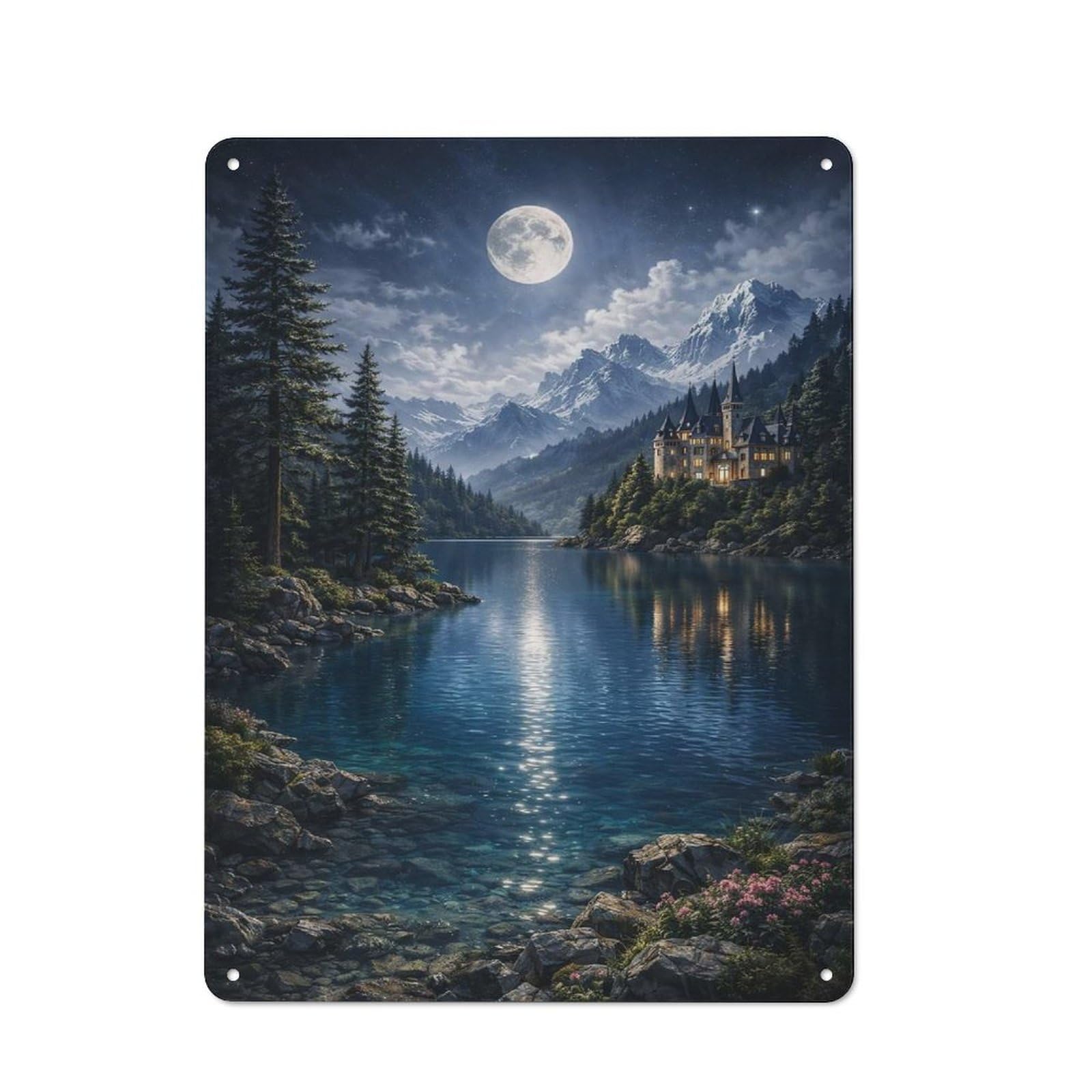Classic Enchanted Castle by Moonlit Lake Metal Sign 40x30cm, Classic Pub Decor for Diner, Restaurant, Shed Or Kitchen