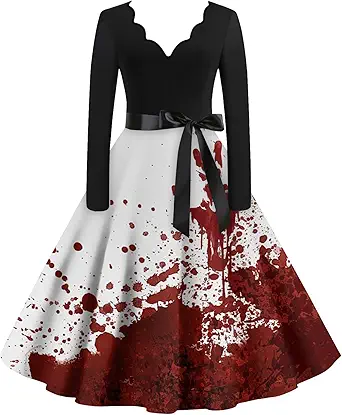 OIOLOYJM Sexy Plus Size Halloween Costumes Woman 2025 Long Sleeve V Neck Printed Gothic Retro Formal Party Dresses for Women