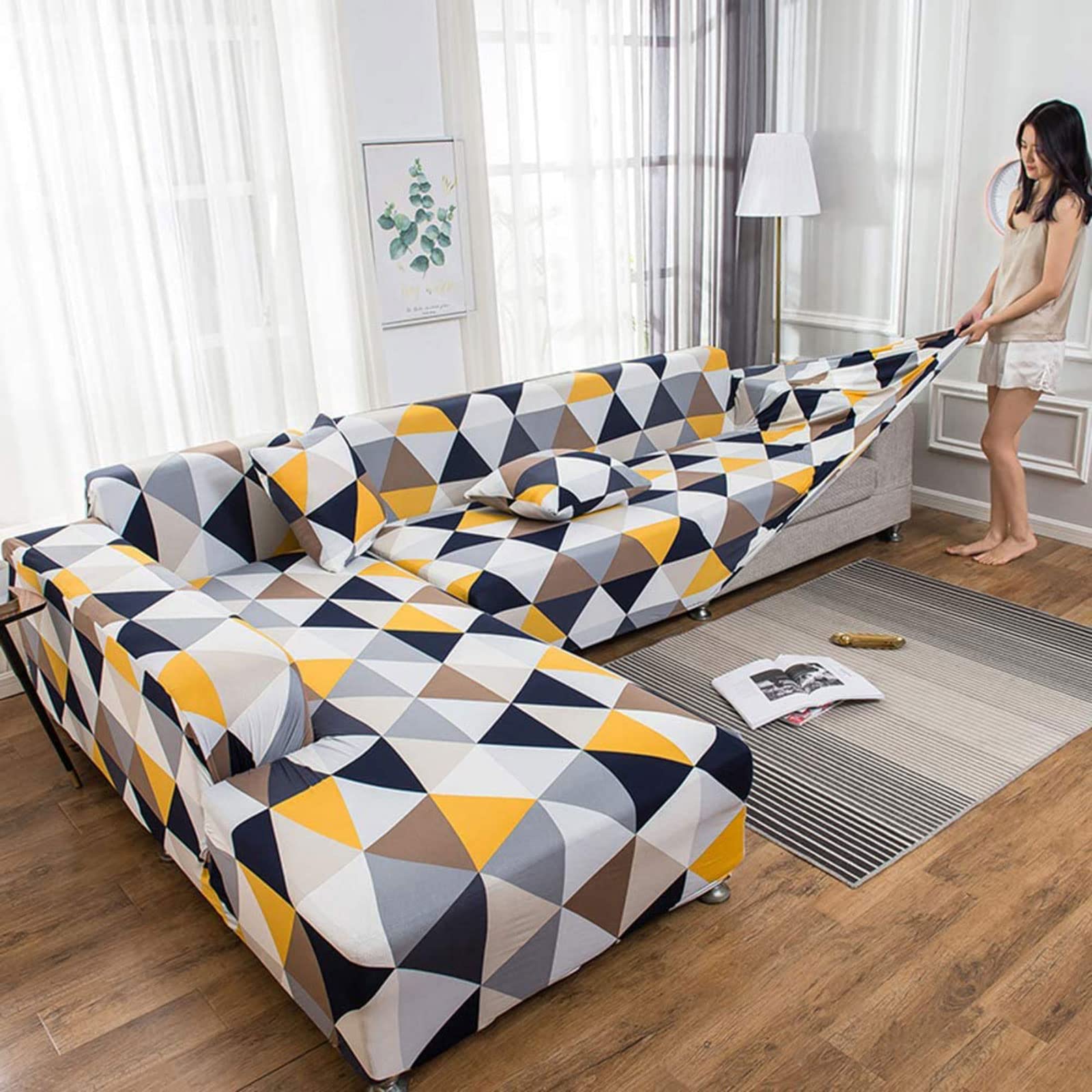 MGEMJMJ Stretch L Shape Sofa Cover,sectional Sofa Cover,Couch Cover,polyester Jacquard Not-slip Sofa Slipcover Corner Couch Cover(Size:3 Seater 190-230cm,Color:A)