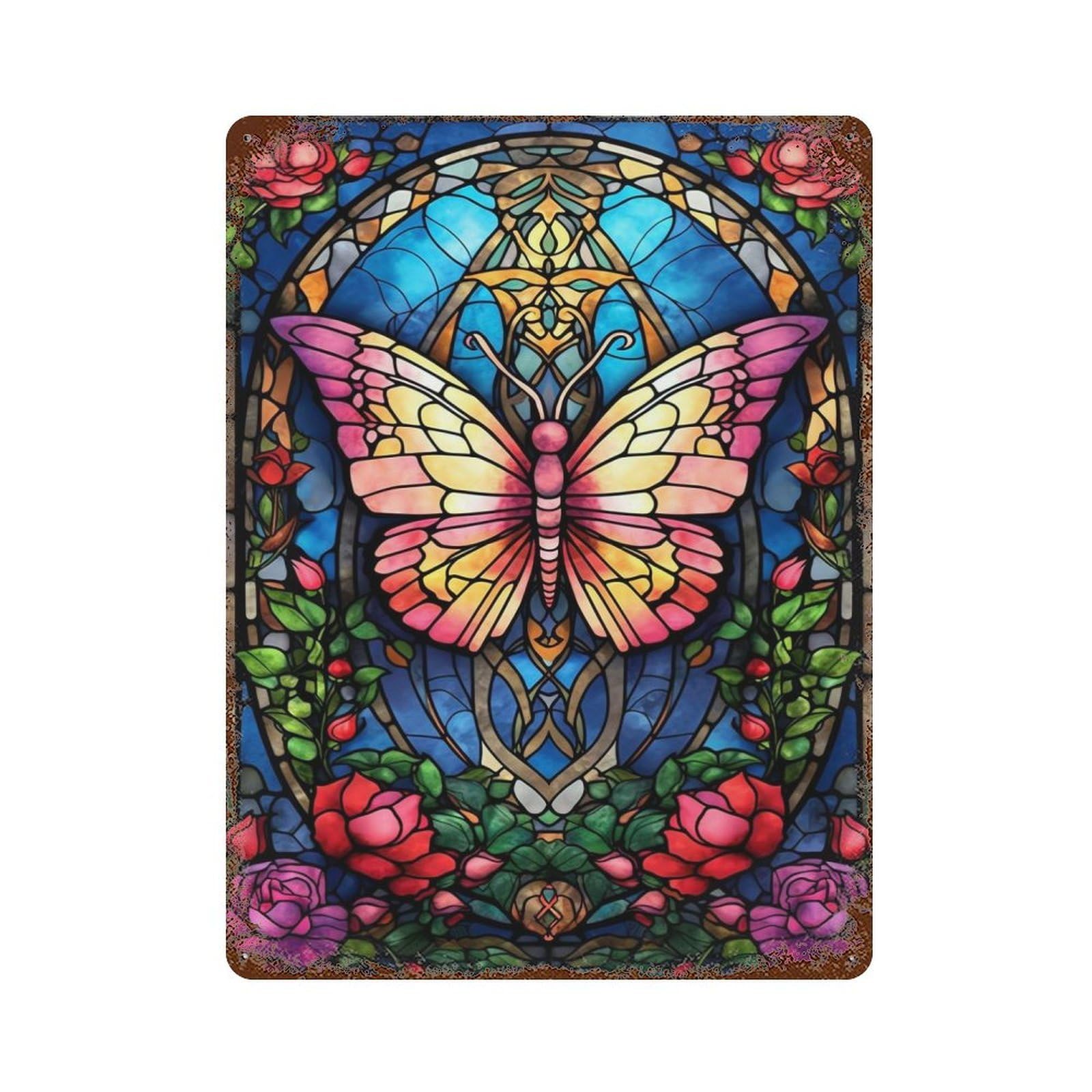 Vintage Rust Metal Sign with Butterfly with Roses Design 15.7"x11.8", for Patio, Garden Room And Bar Decor, Old School Wall Decor