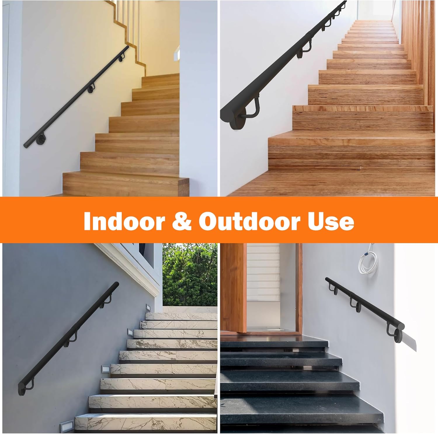 10FT Industrial Metal Stair Handrail,Round Pipe Stair Railing for Indoor/Outdoor Steps,Wall Mount Support Staircase Handrails,440LBS Load Capacity Hand Rails,Safety Grab Bar Porch Stairway Railing