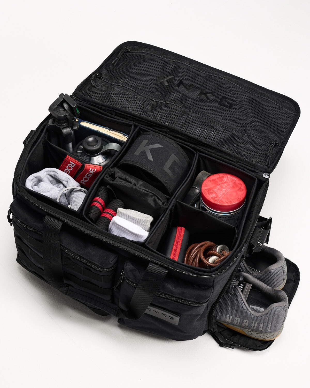 KNKG CONQUER Duffel 40L – Modular Gym Bag with Customizable Dividers, Dedicated Shoe & Laptop Storage, YKK Zippers, and Adjustable Shoulder Strap - Black