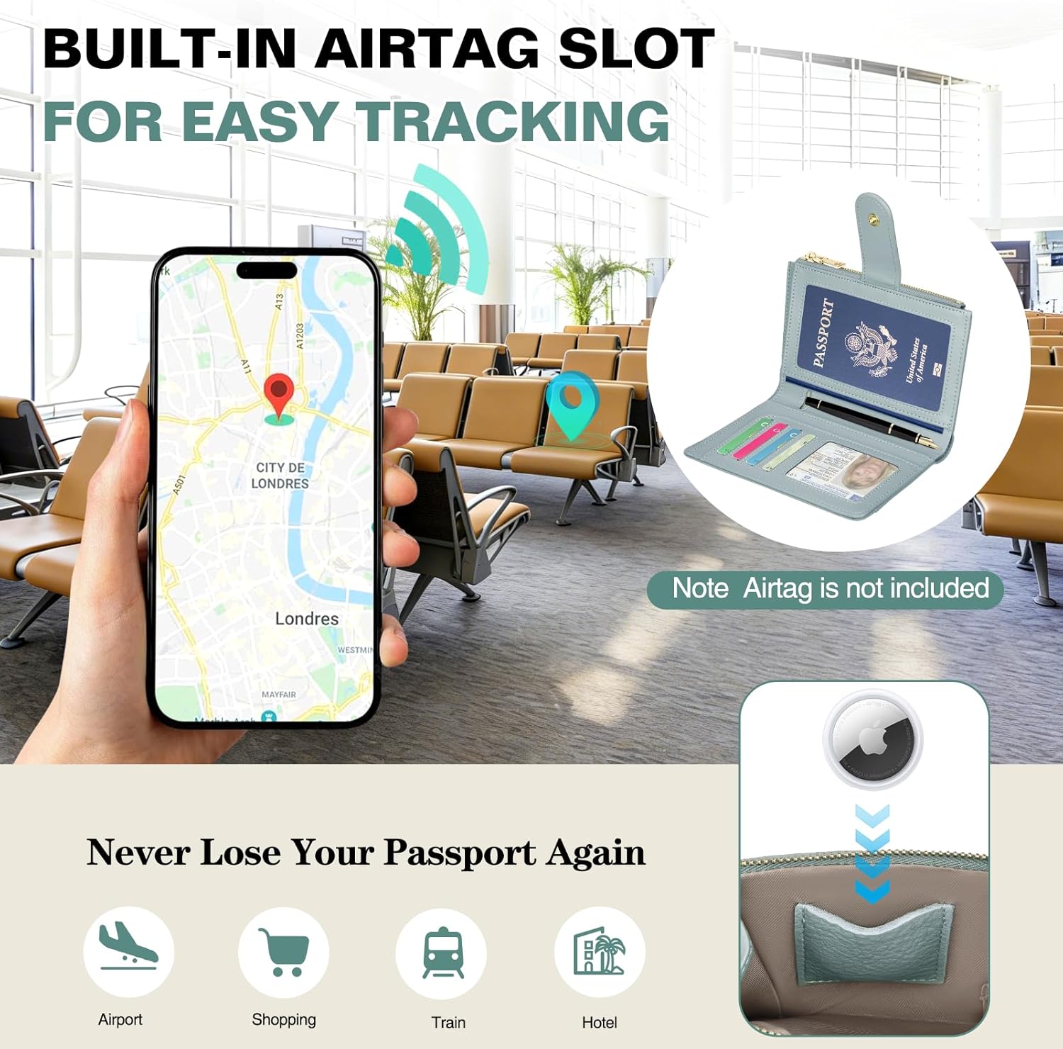 Passport Holder for Travel, Leather Passport Wallet with Airtag Slot, RFID Blocking Travel Wallet for Women Men, Passport Cover with Air Ticket Card Cash Coin Pocket, Travel Essentials Gift