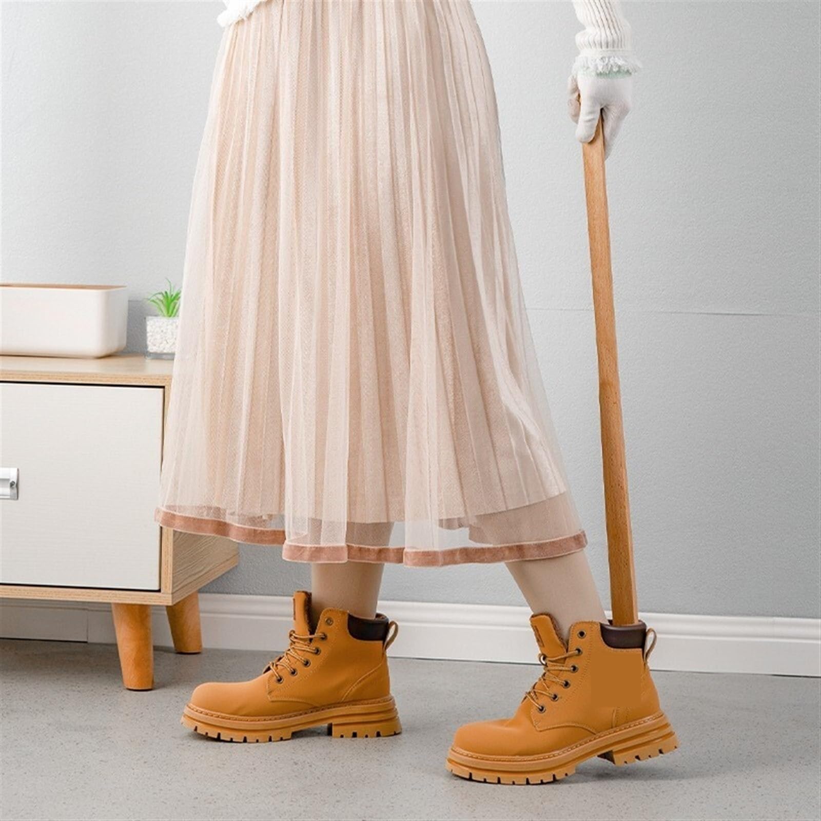 calzador, Cuchara for zapatos de 50CM largo, cuerno mango madera for, diseño agujero colgante, ayuda for vestir for personas mayores