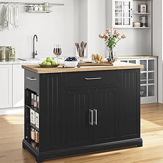 Yaheetech Kitchen Island on Hidden Wheels, Rolling Kitchen Cart with Thicker Rubberwood Top & 3 Drawers & Open Shelves, Storage Cabinet with Adjustable Shelves for Dining Room, 46″L × 22″W, Black