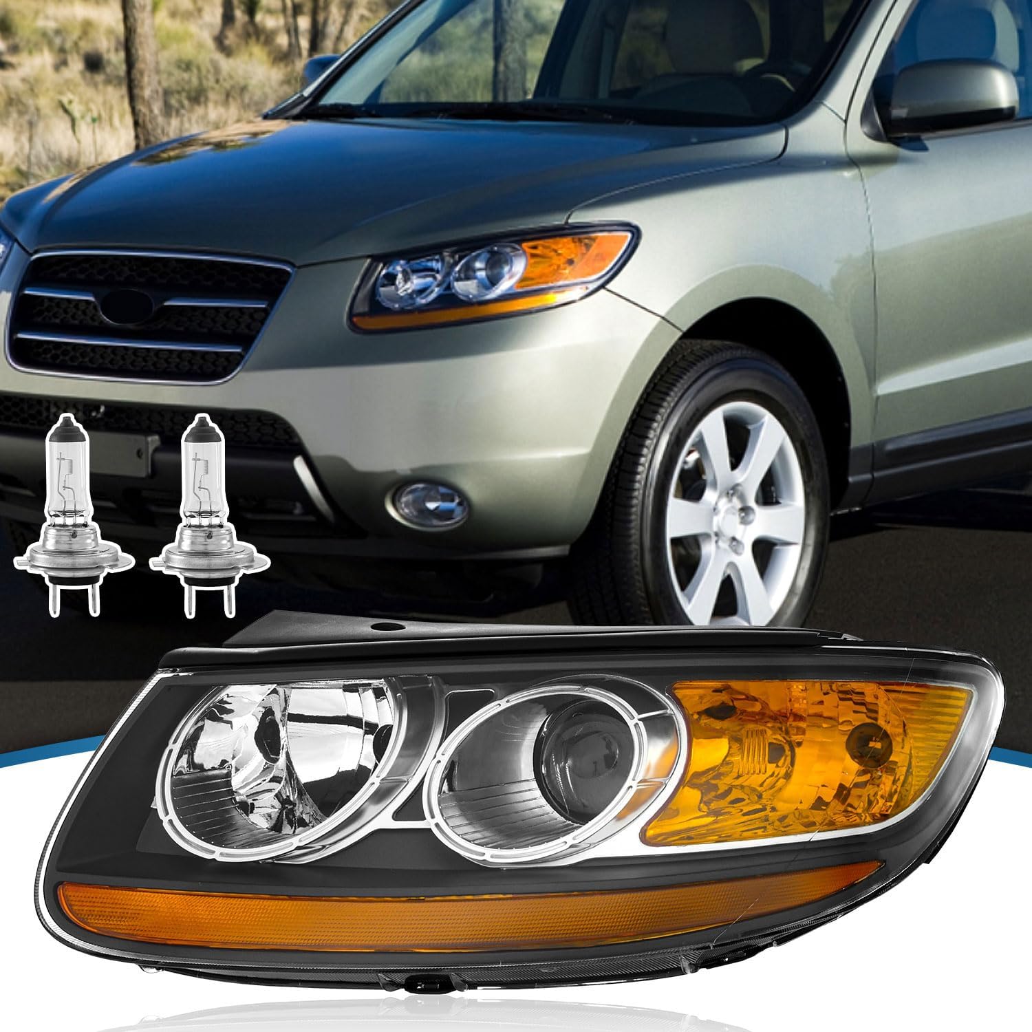 Headlight Replacement for Hyundai Santa Fe 2007-2012 Headlamp with Halogen Bulbs/Clear lens 92101-0W050 Left Side