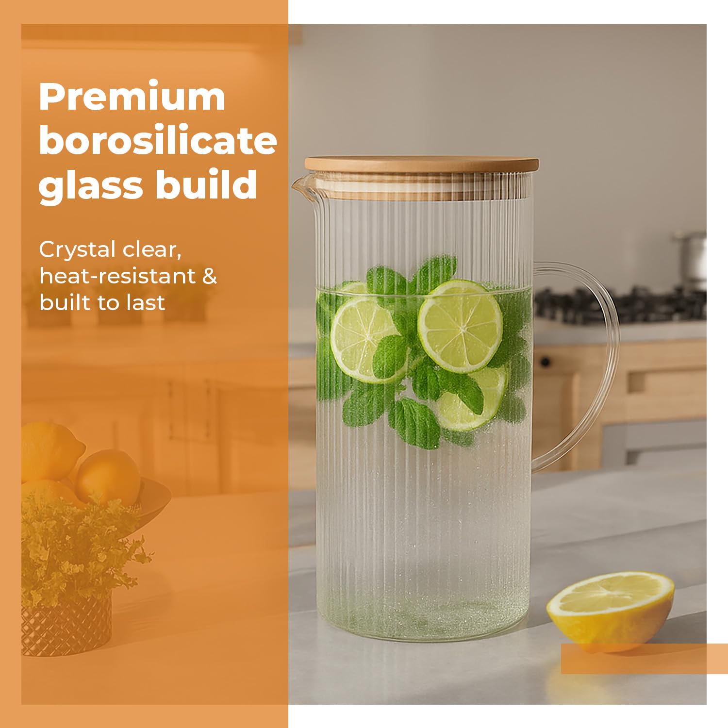 Lifelong borosilicate glass jug with eco-friendly bamboo lid – ideal for serving water, juice, iced tea, and other cold beverages in style.