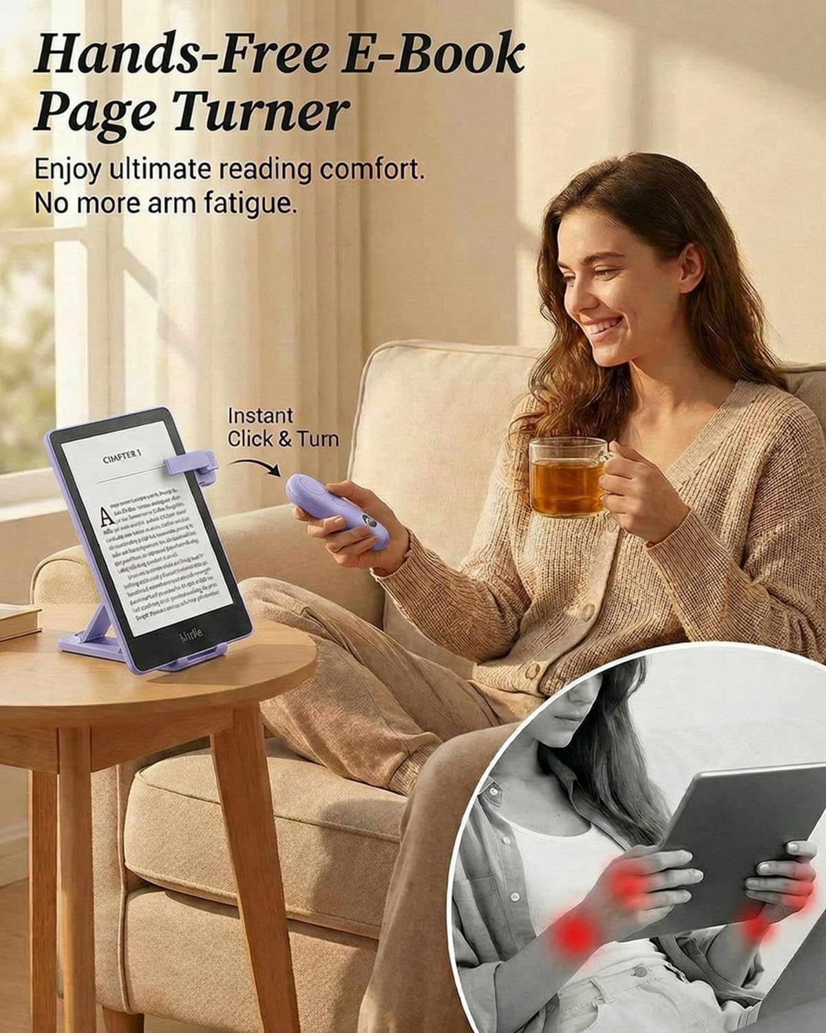 RF Remote Control Page Turner with Upgrade LCD Power Display, Wireless Reading Clicker for Kindle Paperwhite Kobo Oasis iPad, Phone Camera Remote Trigger, 36-Month Warranty (Purple)