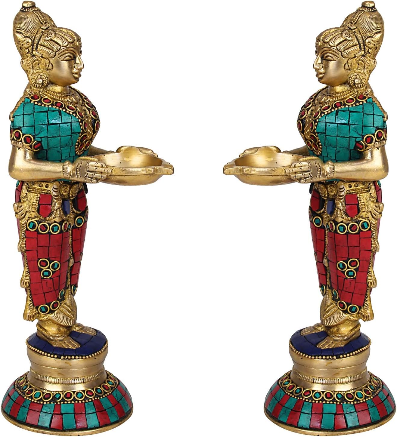 Kartique Brass Standing Lady with Large Diya for Home Entrance Decor Puja Room Meenakshi Devi Holding Oil Lamp Deep Laxmi Deepak Deepam Diwali Gift Multicolor Color Height 9 Inch