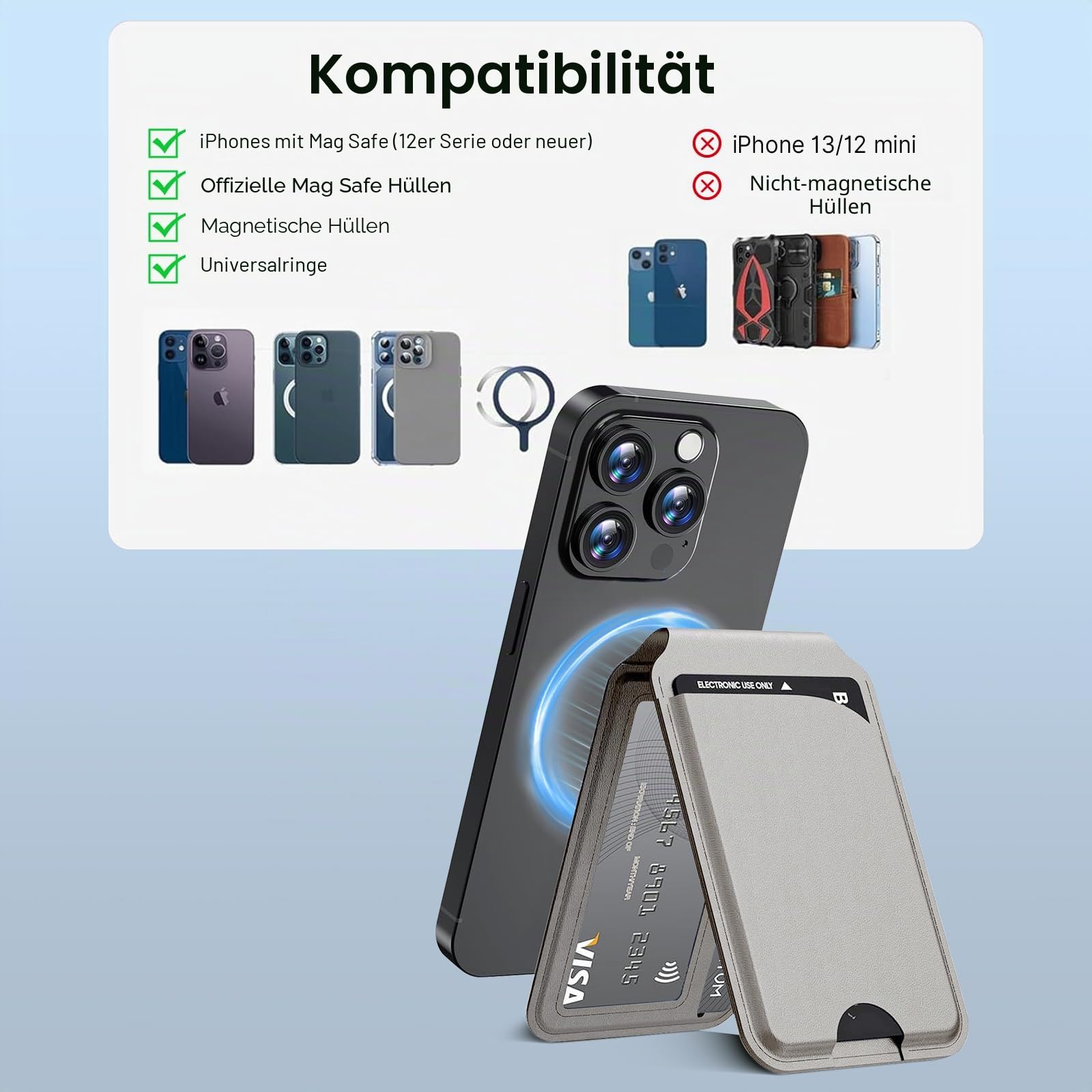 Magnetische Brieftasche für iPhone Handy Kartenhalter mit Verstellbarer Ständer 5 Kartenhalter/ID Fenster/RFID Blocker/PU Leder Wallet, für iPhone 17/16/15/14/13/12 Serie, Not for iPhone 13/12 Mini