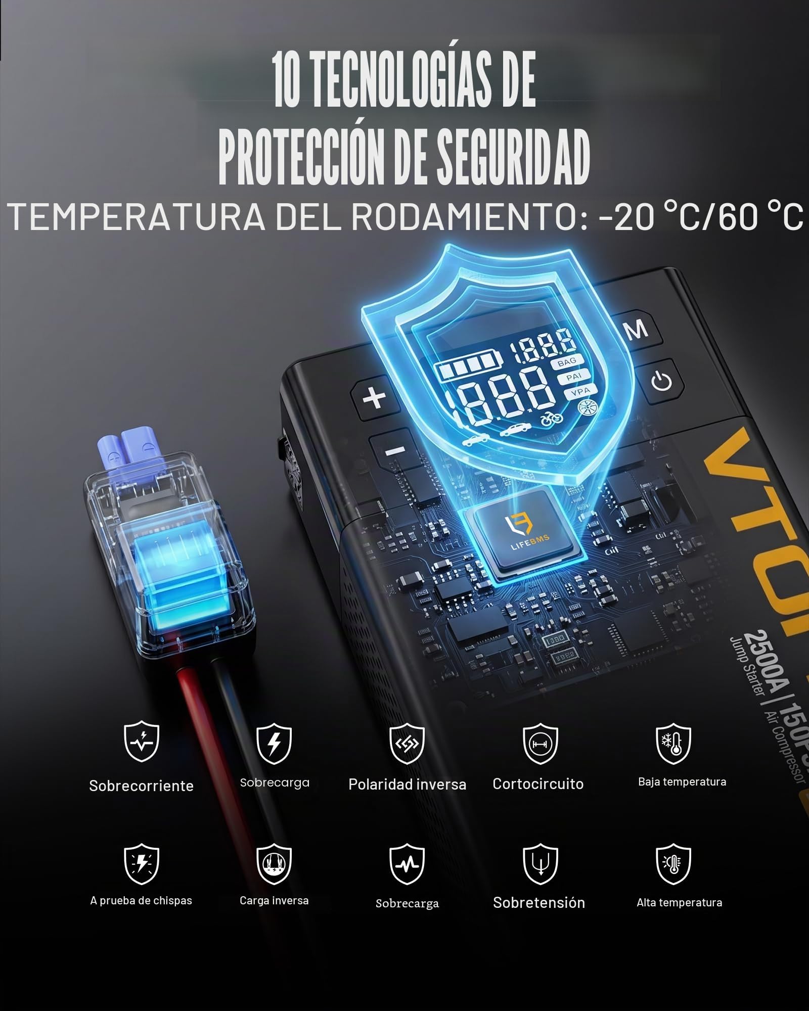 VTOMAN X1 - Paquete de energía de arranque con compresor de aire de 2500 A, arrancador de batería portátil de coche (hasta motores diésel de hasta 8.5 L/6.0 L) con inflador de neumáticos digital de