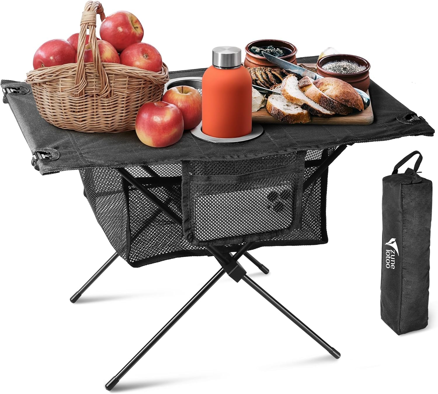 ZUNE LOTOO Portable Camping Table Folding, Small Beach Table Foldable with Drink Holder & Mesh Storage & Carry Bag Compact Camp Tent Side Table Picnic Tailgate Travel Fishing Backpacking, Black