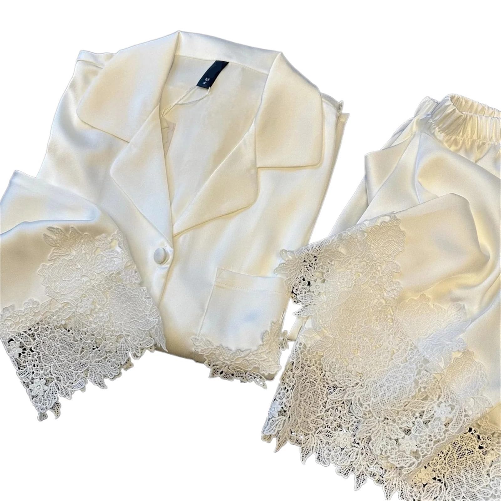 Conjunto de Pijamas for Mujer, Ropa de Dormir Blanca con Adornos de Encaje Satinado for Novia y Boda, Ropa de casa Holgada, Traje de pantalón de Manga Larga, Ropa de Descanso