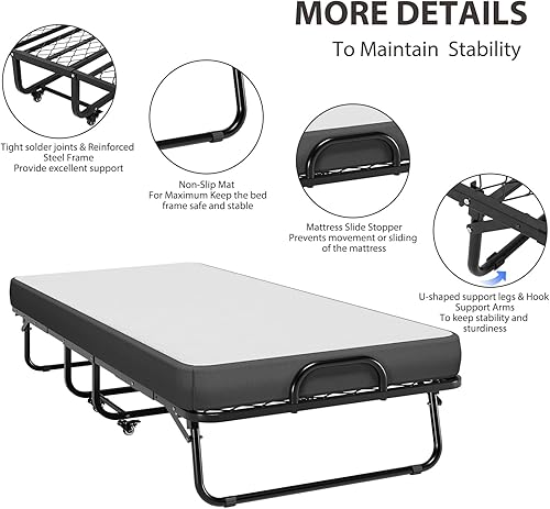 Miniatura 7 de DICTAC Cama plegable de 75 x 38 pulgadas, cama plegable portátil con colchón de espuma viscoelástica de 5 pulgadas, cama plegable con ruedas y