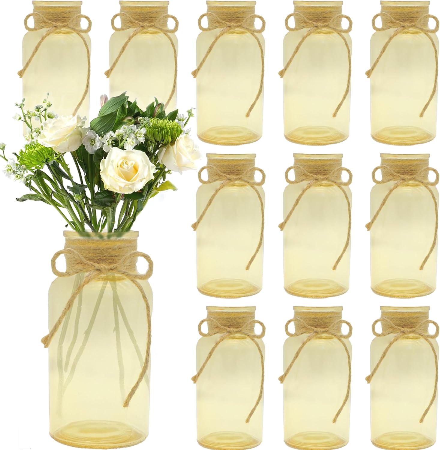 Vintage Glass Flower Vase,12 Pack Gold Amber Farmhouse Glass Centerpiece Vases Mason Jars for Weddings, Parties & Home Decor Bulk (12, Gold)