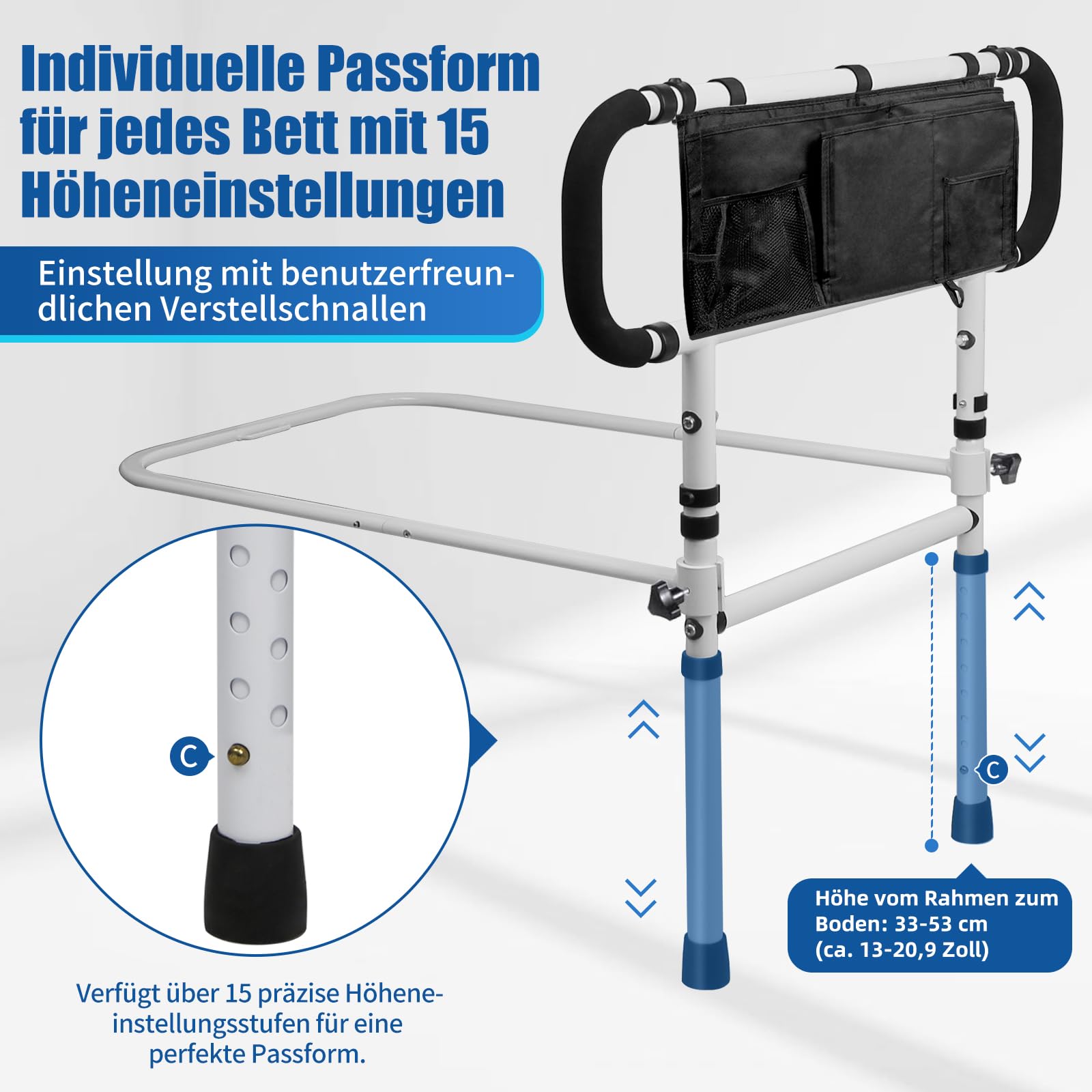 Bett Aufstehhilfe für Senioren, Faltbares & Höhenverstellbares Bettgitter mit Haltegriff, Aufstehhilfe Bett bis 160kg, Inkl. Tasche, Bettschutzgitter für Erwachsene für alle Betten