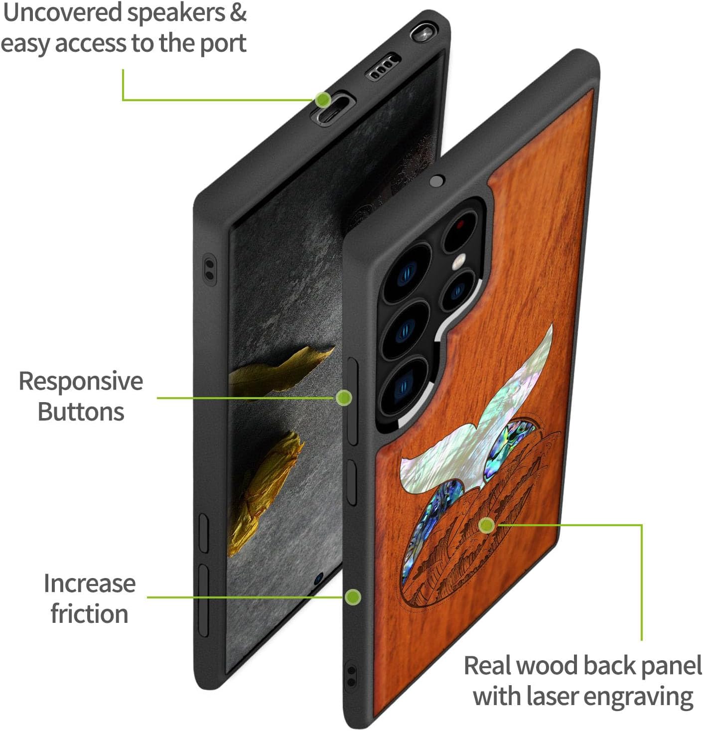 Carveit Designer Wooden Cover for Samsung Galaxy S22 Ultra Case [Wood Engraving & Shell Inlay] Wood Phone Case Compatible with Wireless Chargers Galaxy S22 Ultra (Whale Tail-Rosy)