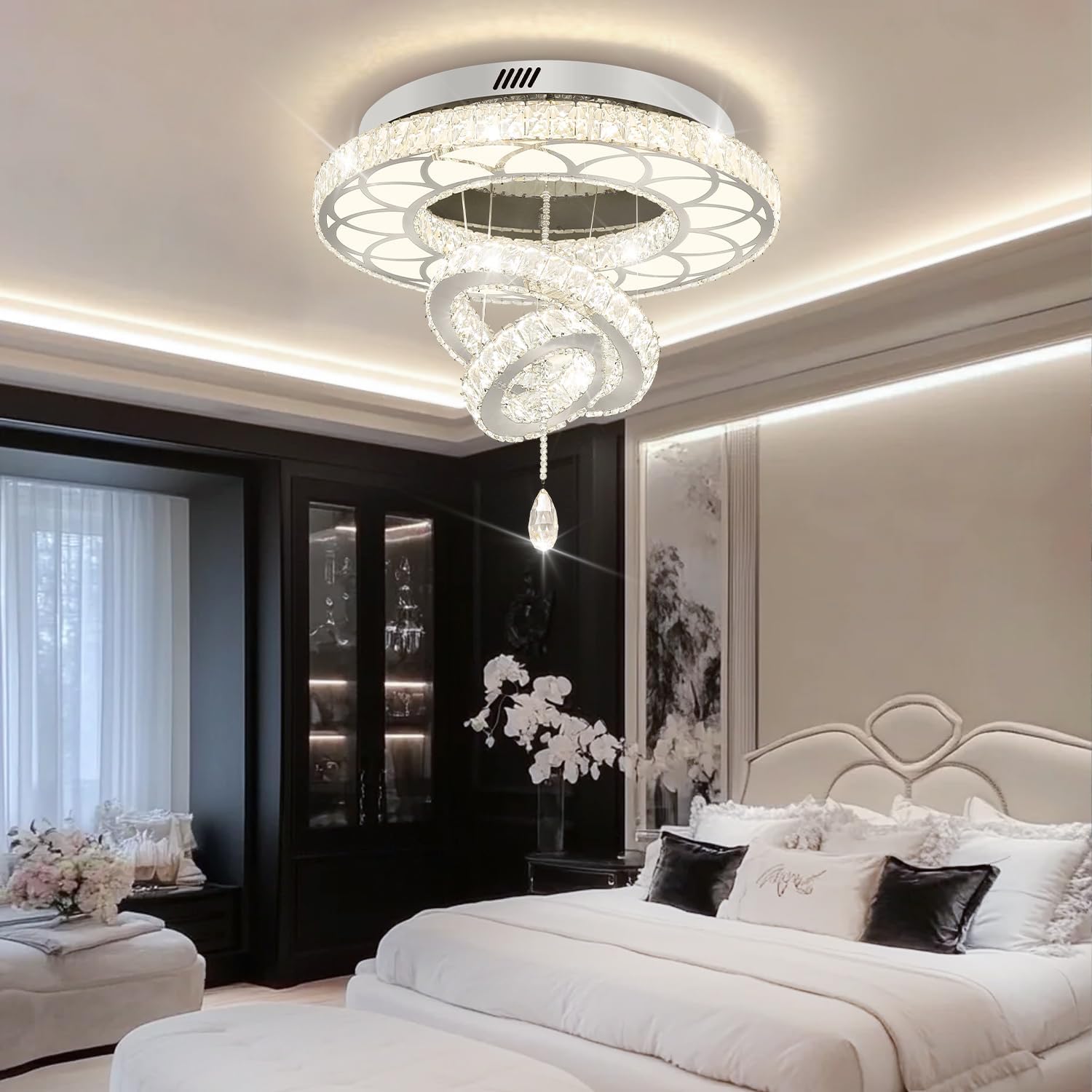 Dia 24" Modern Crystal Chandeliers for Dining Room Round Chandelier with Remote Flush Mount Ceiling Light for Living Room Bedrooms Dining Room Dimmable 2700k 4500k 6000k