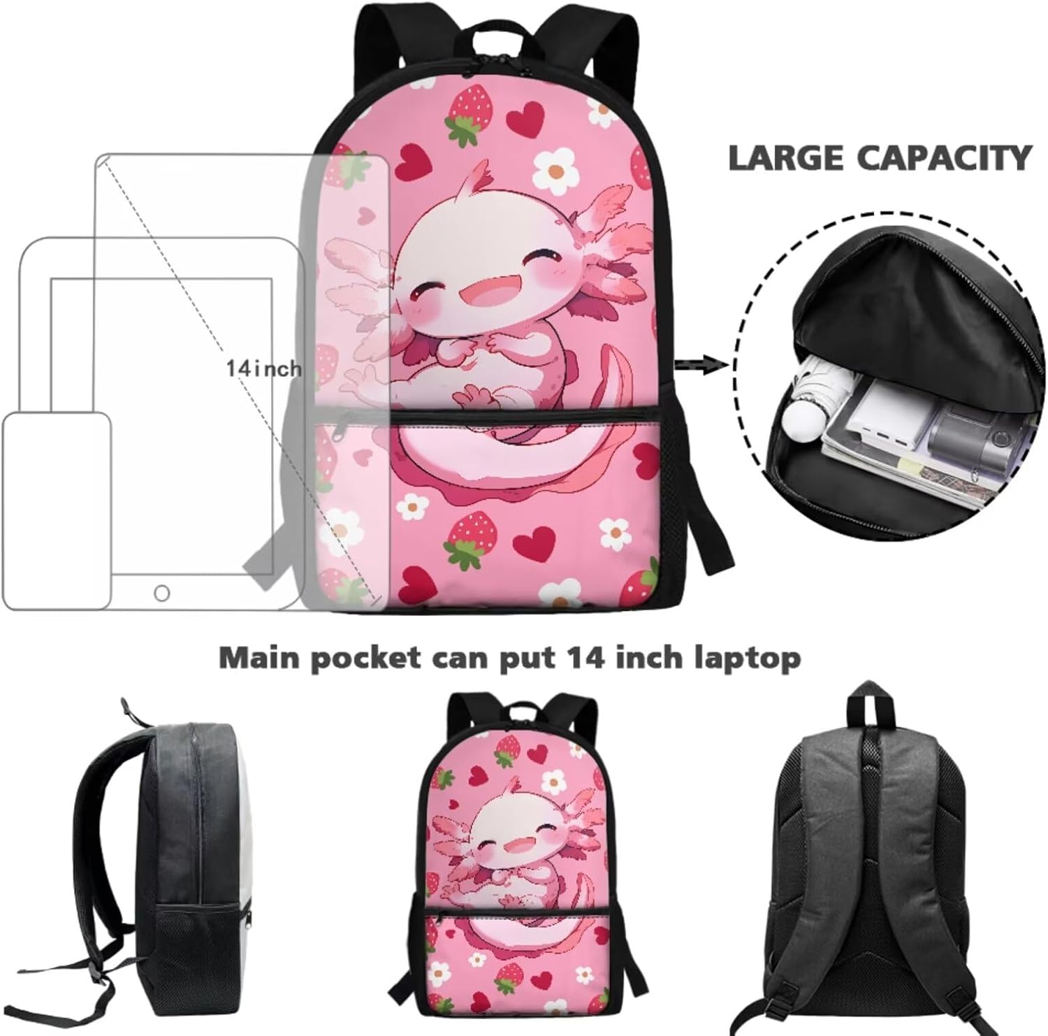 Axolotl Backpack for School Girls Set Strawberry Bookbags for 1st Grade Kids 6-8/5-7/4-6 Elementary Back Pack with Lunch Box Pencil Case Water Bottle Holder 4 in 1 Book Bag Student Schoolbag