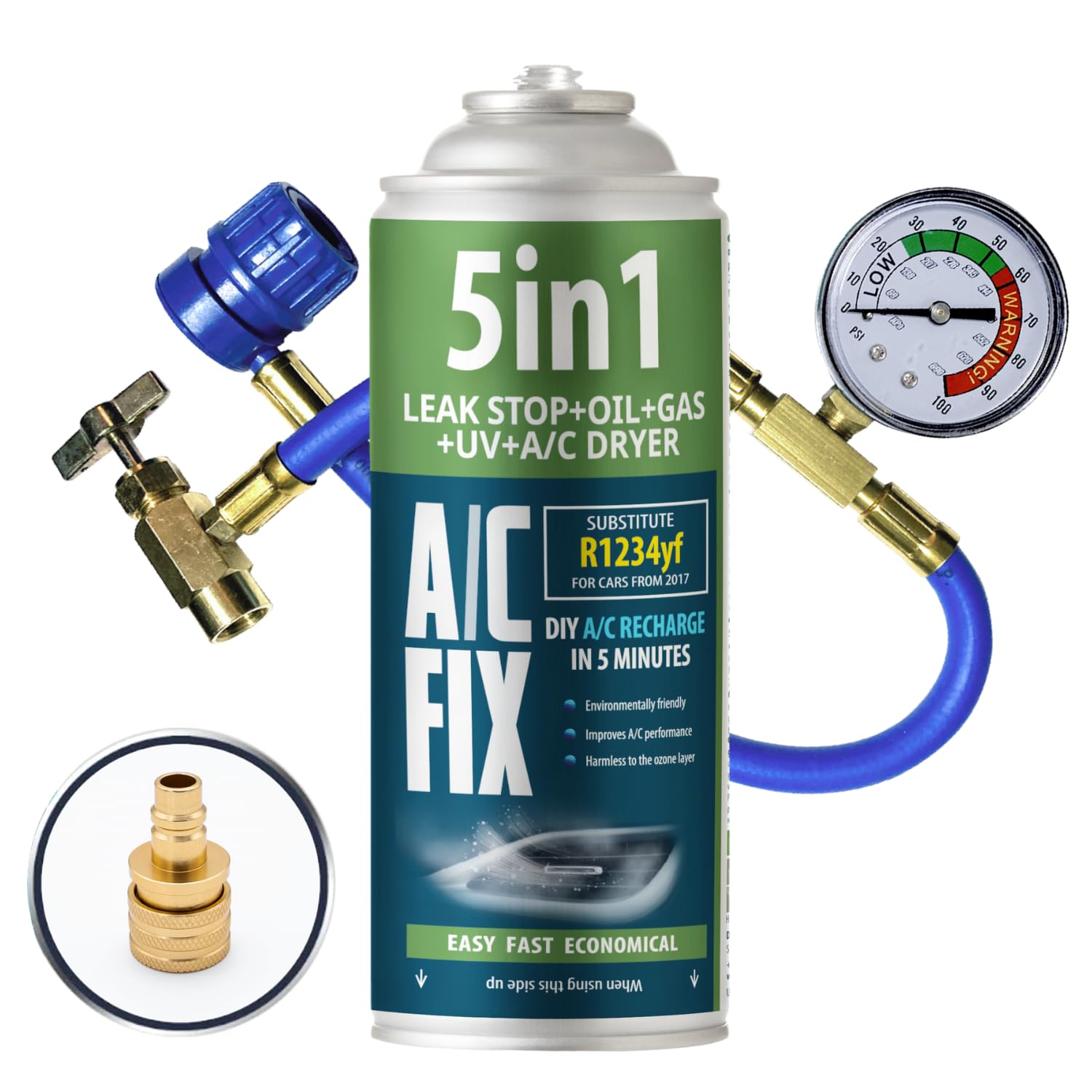 AC Fix 5 en 1 – sustituto R1234yf + Manguera + Adaptador Refrigerante para Aire Acondicionado de Coche con Aceite, sellador, Tinte UV y desecante. Aplicación rápida. Protege el compresor.