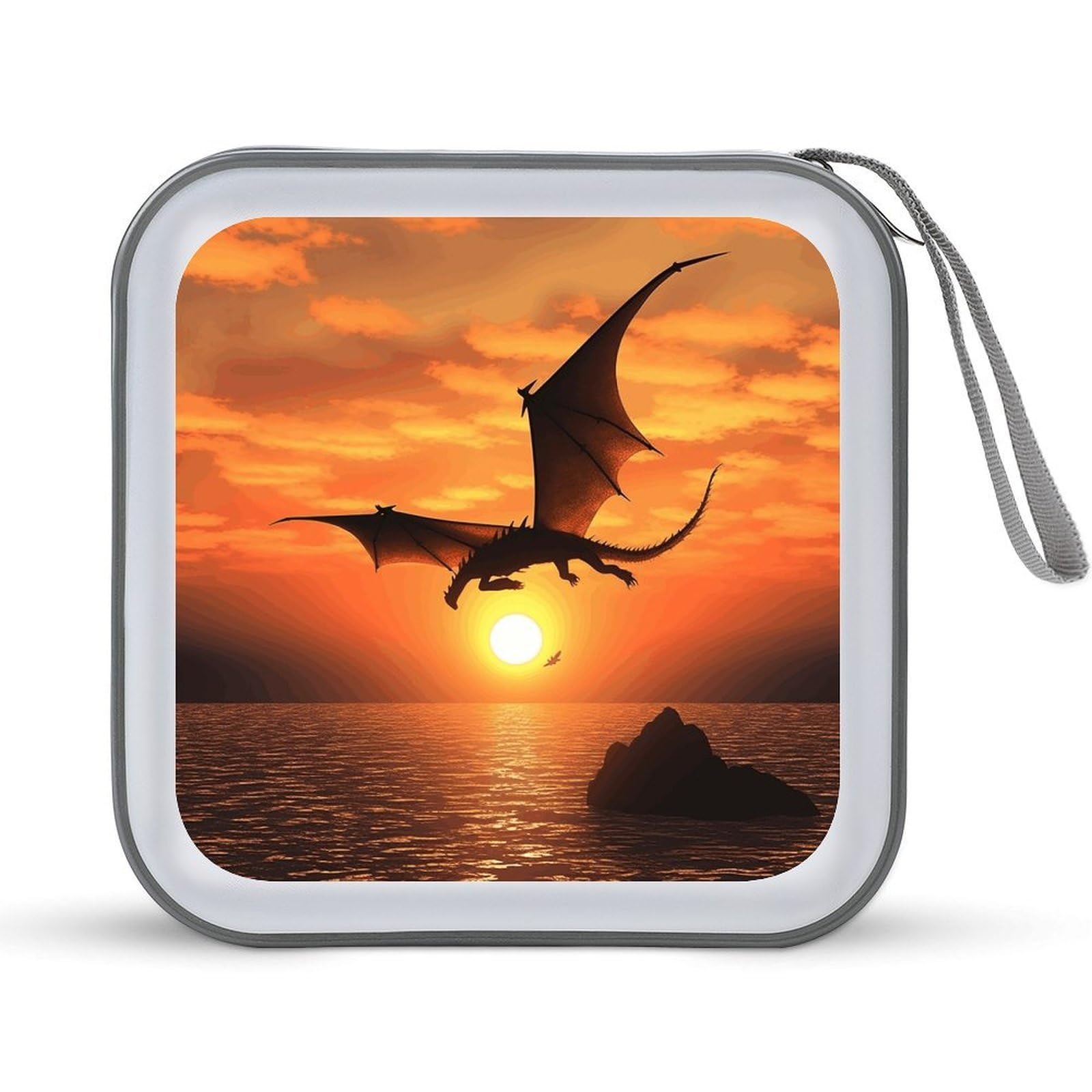 FodPand Sea Sunset Flying Dragon CD Case with Zipper 40 Capacity DVD Case Holder Hard Plastic DVD Disc Storage Box Portable Disc Storage Organizer CD Wallet Bag Media Disc Wallet for Car Home