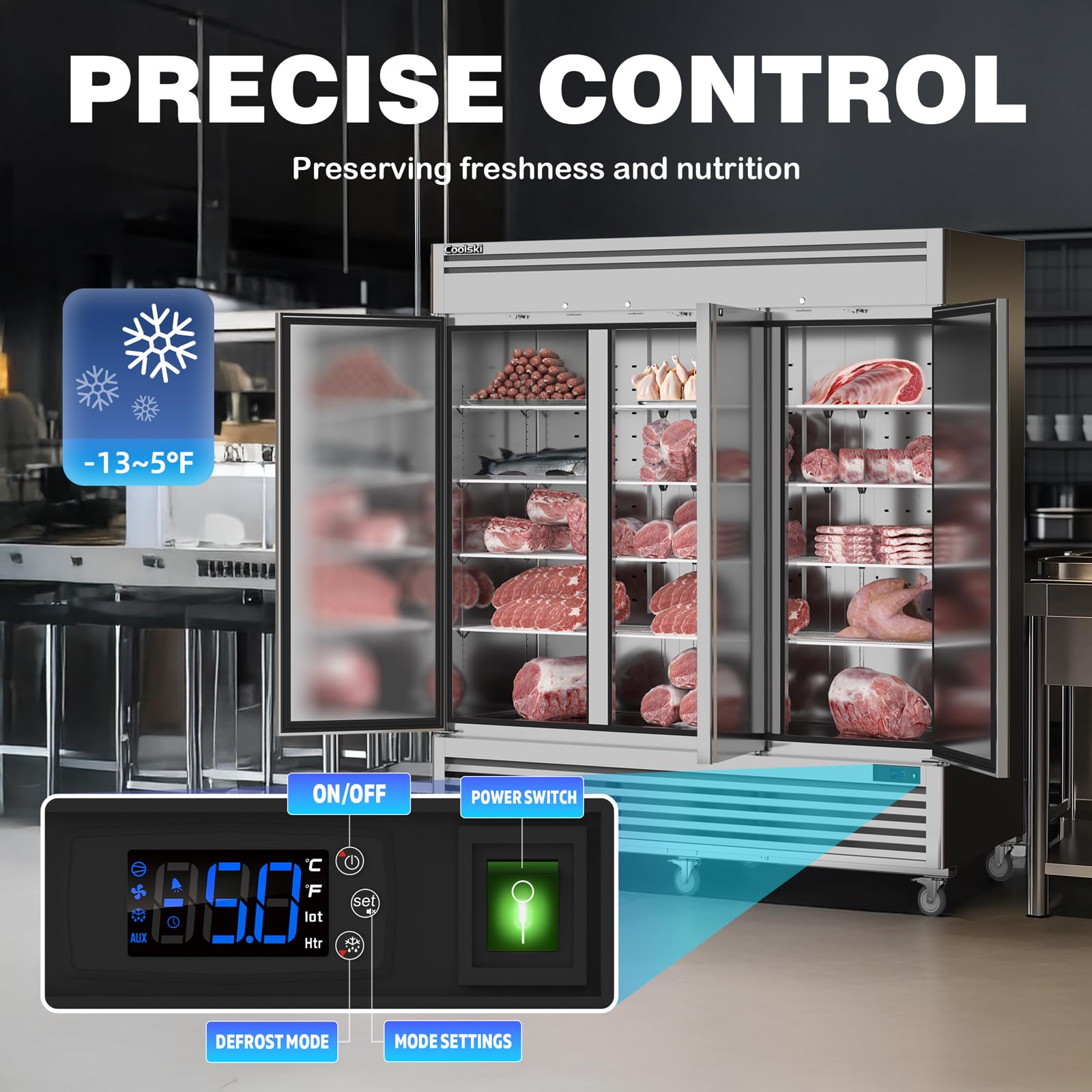 Coolski Commercial Freezer 82" W, 72 Cu.ft Stainless Steel Reach In Upright Freezer 3 Door, Auto-Defrost, 12 Adjustable Shelves, -13 to -5℉ Temp Control, LED Light, 5 Wheels on Fridge.com