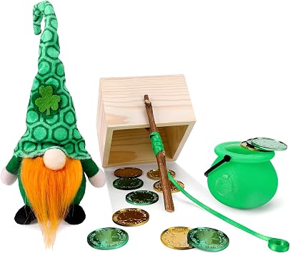 RunNico 14 Pieces St. Patricks Day DIY Trap Kit - Including Gnome Plush Doll Cauldrons Kettles Coins for Leprechaun Saint Patricks Day Party Decoration Supplies