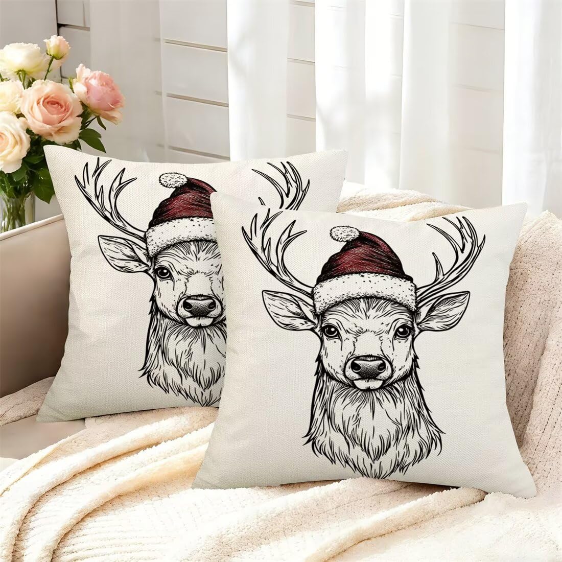 Wangllpgy Christmas Reindeer Cushion Covers 35Cm X 35Cm Set Of 2 Throw Pillow Covers Xmas Animals Pillow Cases Autumn Sofa Cushions Decorative Pillows With Invisible Zipper For Bedroom Living Room -Gy480