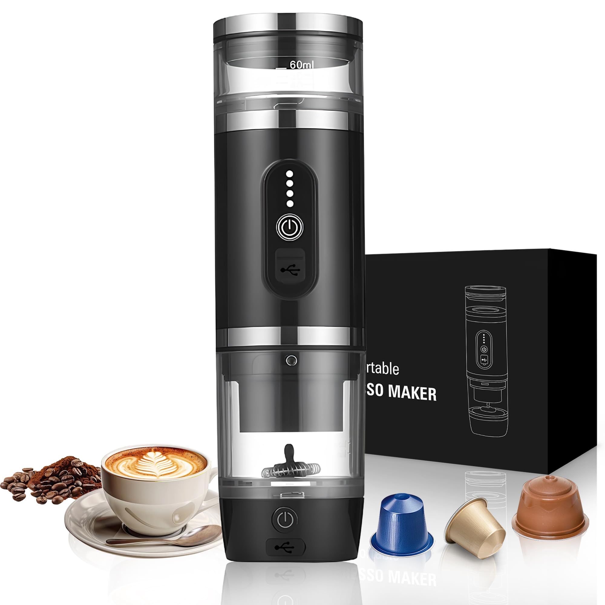 Máquina de café portátil 3 en 1 con espumador de leche, máquina de café expreso con cápsulas 20 bar y café molido para oficina, coche, camping, senderismo, viajes, Navidad, cumpleaños, negro