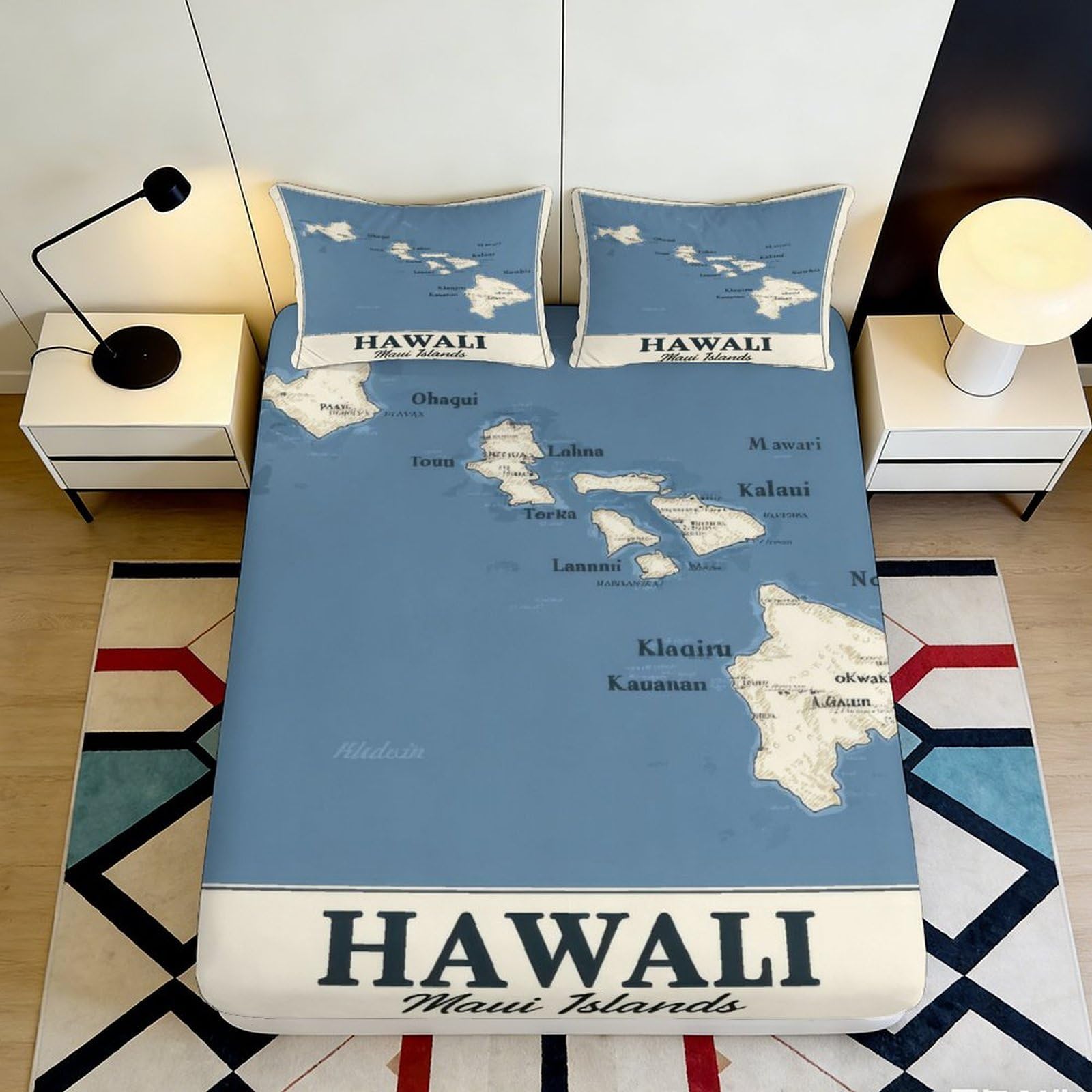 3D Printed Map Fitted Sheet Microfiber Deep Pocket Elastic Hem Bedroom Bedding Map Mattress Fitted Cover for Adults 200x200x25cm