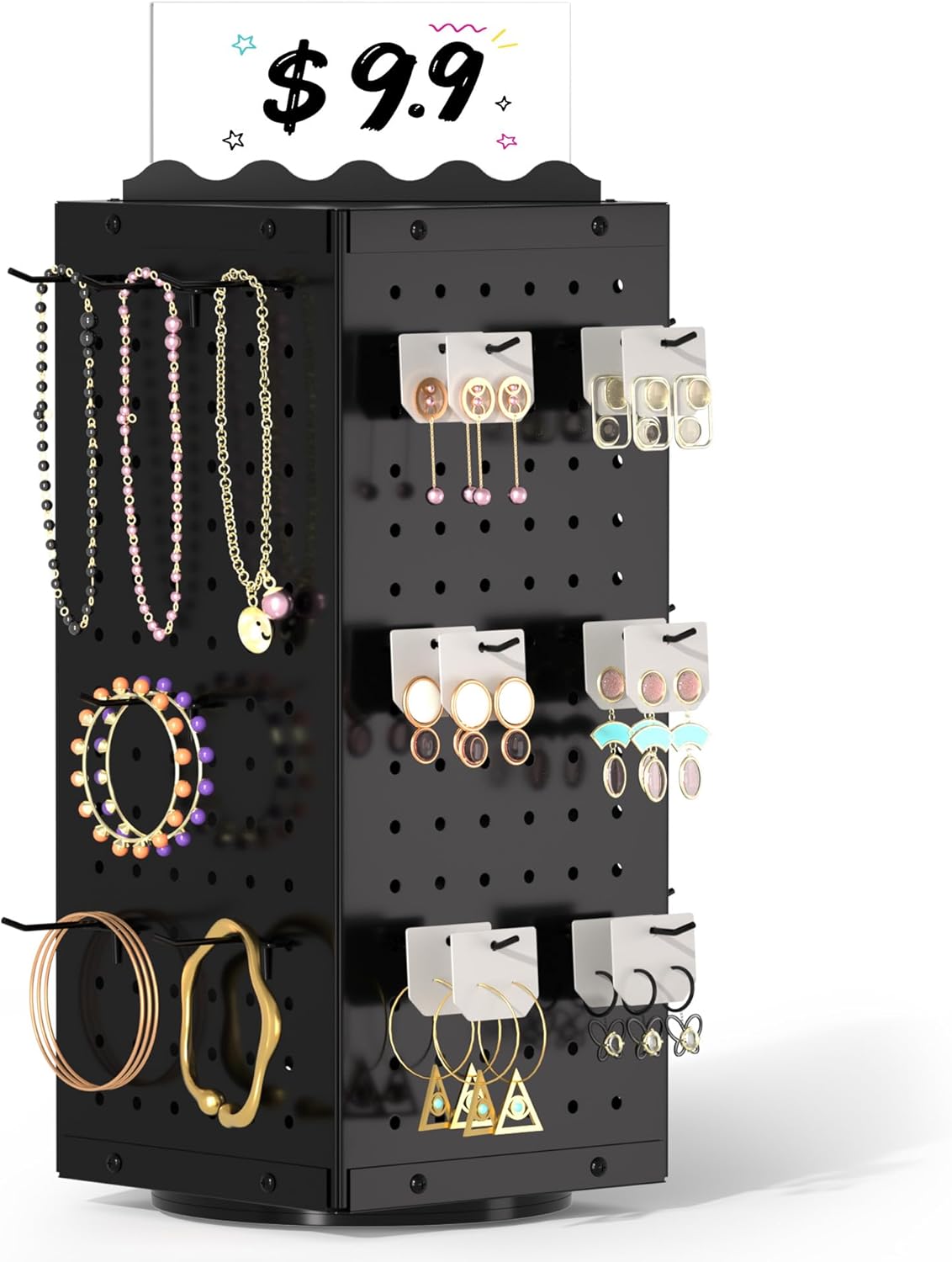 Urban Deco 360° Rotating Pegboard Display Stand with Signage, 4-Sided Spinning Peg Board Stand with 24 Hooks for Jewelry, Earring & Keychain Holder Displays for Craft Shows & Vendor Events (Black)