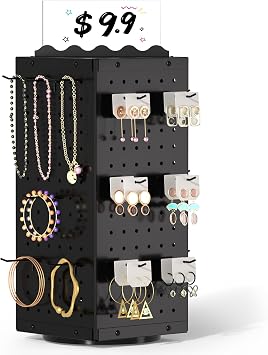 Urban Deco 360 Rotating Pegboard Display Stand with Signage, 4-Sided Spinning Peg Board Stand with 24 Hooks for Jewelry, Earring & Keychain Holder Displays for Craft Shows & Vendor Events Black