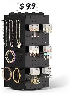 Urban Deco 360° Rotating Pegboard Display Stand with Signage, 4-Sided Spinning Peg Board Stand with 24 Hooks for Jewelry, Earring & Keychain Holder Displays for Craft Shows & Vendor Events (Black)