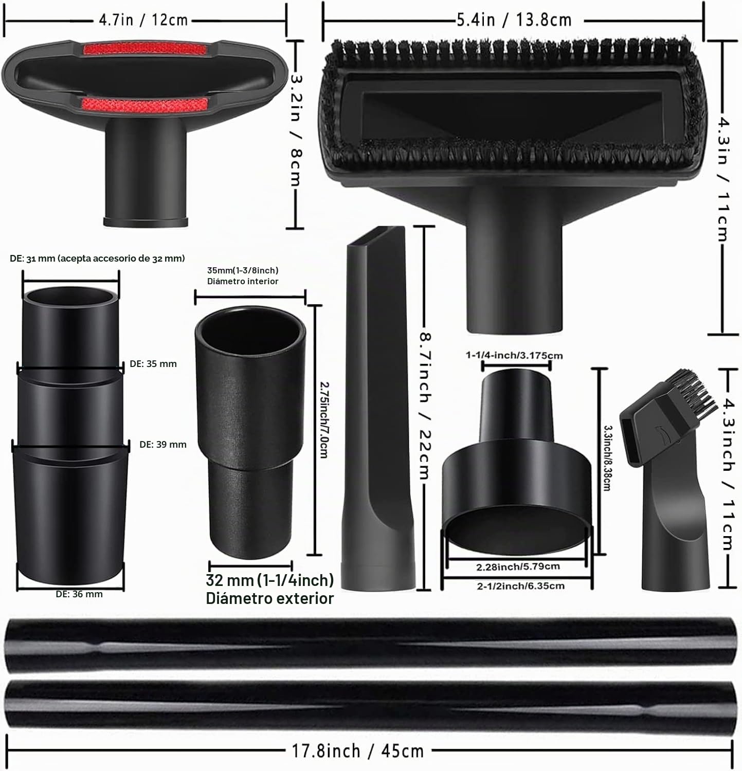 12 Pcs Universales para Aspiradora Adaptador de Manguera Aspiradora de Plástico Seco y Húmedo 1-1/4Pulgadas con Varita de Extensión Caballo Flexible Para Household Universal Vacuum Cleaner Accessories