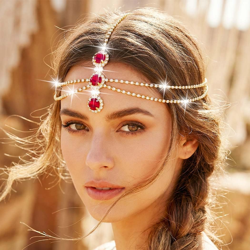 Brishow Rhinestone Gold Head Chain Jewelry Wedding, Rave Crystal Forehead Headpiece, Hair Accessories for Women